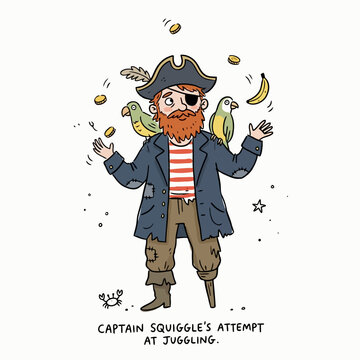 Captain squiggle juggling coins and fruit in cartoon style.