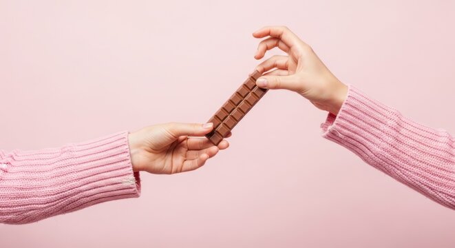 Two hands passing chocolate bar in pink background scene