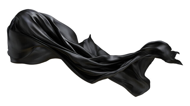 A silk scarf flying in the wind. Waving black satin cloth isolated on a white background