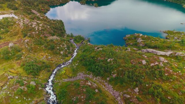 Aerial Drone Footage of Red House at Buervatnet Lake, Norway
