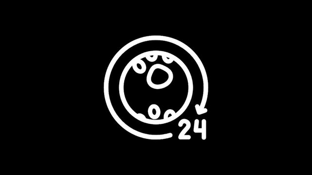 24 hour service icon with paw print inside a clock face, white outline on black