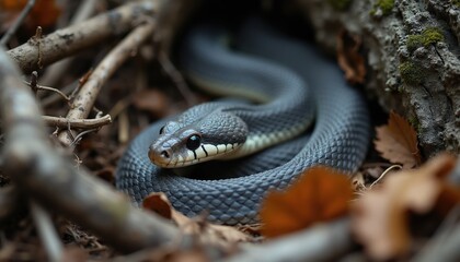 Fototapeta premium Dark snake coils in dry leaves near tree roots. Reptile hides in undergrowth outdoors, camouflaged in nature. Wild animal slithers slowly through forest floor environment, hidden danger concept.