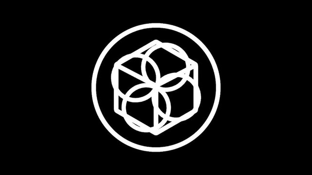 Abstract geometric symbol with interlocking circles and cube structure in a circle