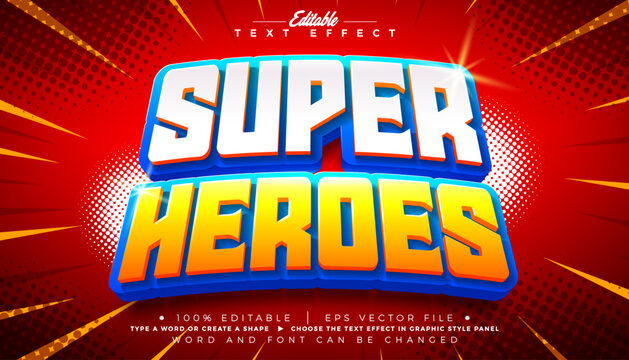 Super Heroes Comic Style Text Effect Design Editable Graphic Style with Customizable Colorful 3d Cartoon Font on Retro Movie Background. Vector Premium Illustrator Typography Lettering Illustration
