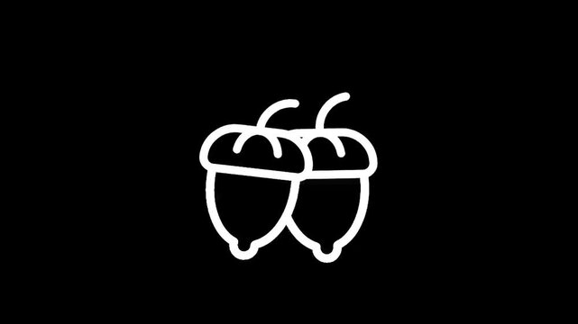 Simple white outline of two acorns on a black background, minimalist design