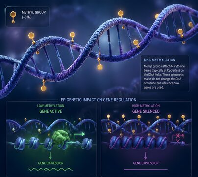 Visualization of DNA methylation with small molecules attached to helix representing epigenetic changes regulation concept