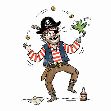 Happy pirate dancing with hook hand and gold coins.