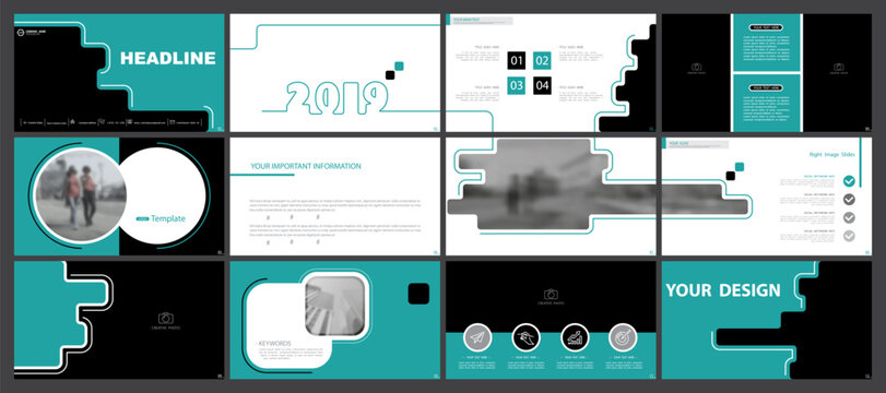 Business presentation template. Set, infographic elements, abstract green design, white background. Office building, corporate photo, PowerPoint. Slideshow, annual report. Vector illustration
