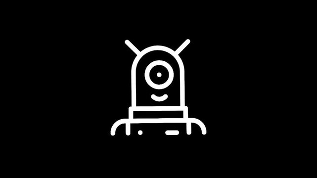 Simple white line art icon of a friendly cyclops alien on a black background