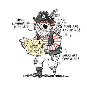 Confused pirate captain with hook and parrot.
