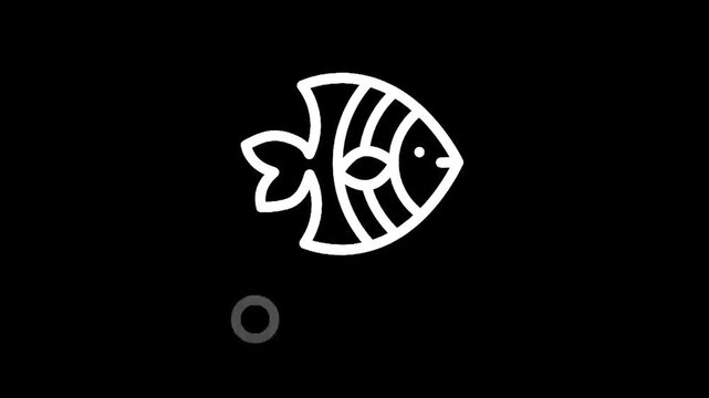 Simple white line art of a fish with bubbles on a black background