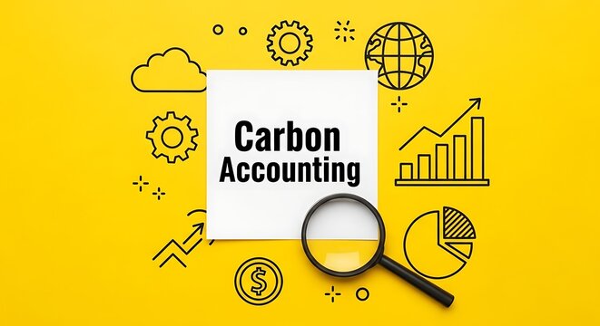 Carbon accounting concept on yellow background, environmental sustainability audit and emissions tracking, magnifying glass over business icons