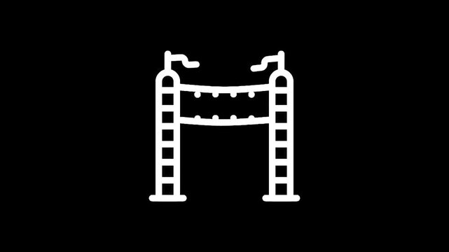Simple line art icon of a finish line gate with flags and lights on a black background