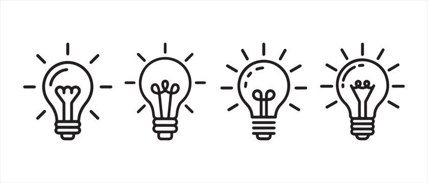 Set of four simple black line art light bulb icons representing ideas and innovation.