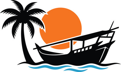 A scenic, stylized vector logo depicting a traditional wooden boat sailing on water next to a palm tree under a large, vibrant orange sun, evoking themes of tropical travel, maritime culture, and isla © berkahi