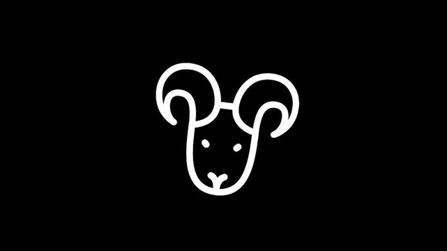 Minimalist white ram head icon on a black background, simple line art design