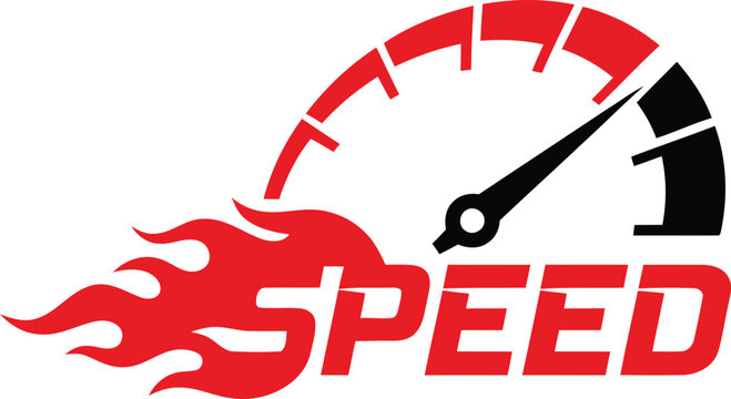 A high-energy vector logo featuring a speedometer gauge integrated with stylized flames and bold, italicized typography, designed for racing, automotive tuning, and performance-based brands.