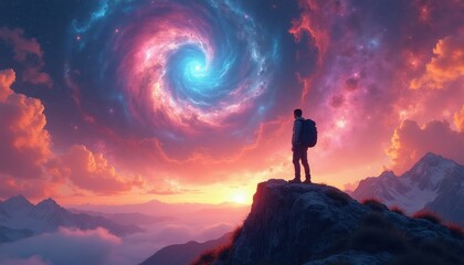 Fototapeta premium Man on mountain peak watches celestial nebula in colorful sky. Person with backpack looks at galaxy, stars and clouds at sunrise or sunset. Epic space fantasy.