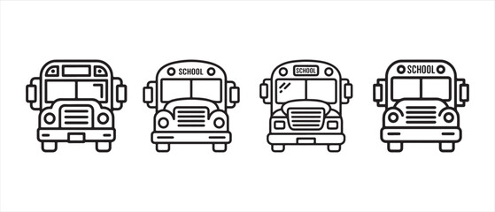 Set of four school bus icons featuring front view in a simple black line art style. © Safali