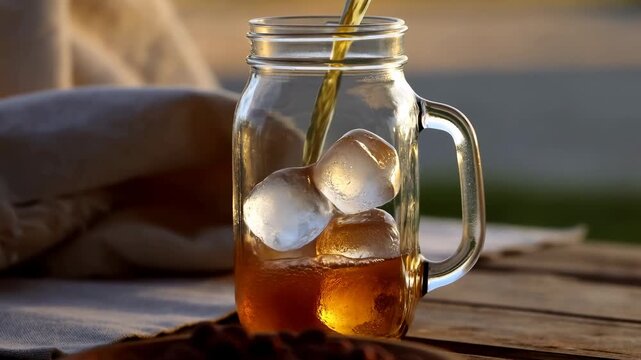 Glass mason jar being filled with ice and amber drink outdoors