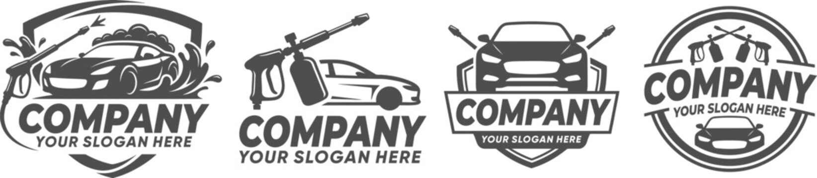 A set of four professional monochrome vector emblems featuring cars, spray guns, and foam elements, designed for car wash businesses and professional auto detailing services.
