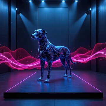 a futuristic patterned dog standing on a lit platform with neon pink waves and spotlights