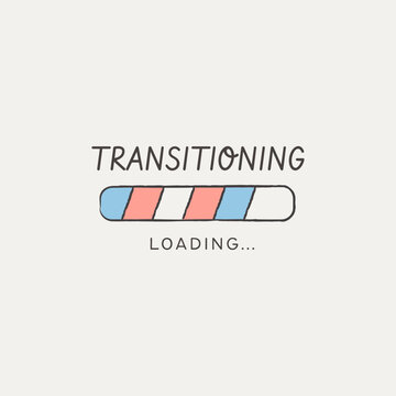 Retro Transitioning loading bar greeting card with transgender flag colors. 90s aesthetic card design for LGBTQ pride month, trans visibility, gender affirmation support, social media announcements.