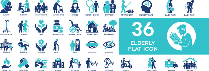 Fototapeta premium A comprehensive collection of flat vector icons illustrating various aspects of elderly care, senior living, health, and medical support services in a blue and teal color scheme.