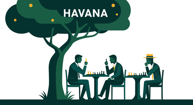 Silhouette of people playing chess under large tree called Havana.