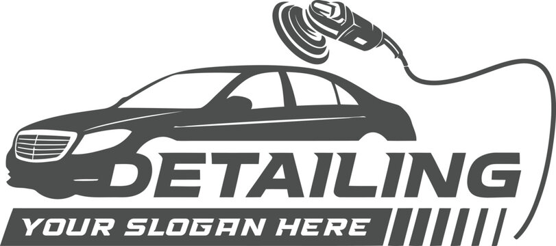 A monochrome vector logo design featuring a luxury sedan being polished by an electric buffing machine.