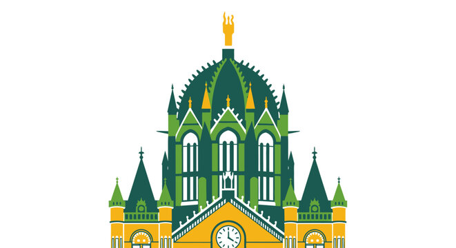 Illustrated Gothic Style Clock Tower with Green Roofs.