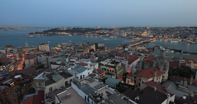 4K right panning motion view of the city skyline of Istanbul, the Galata Bridge and Bosporus inlet on dusk, Istanbul, Turkey, Eastern Europe