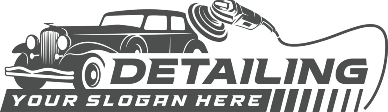 A monochrome vector logo design featuring a vintage classic car being polished by an electric buffing machine.
