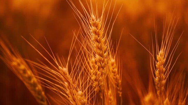 Golden wheat ears captured close-up in a sunlit field, showing ripe grain, delicate awns and warm bokeh; evokes harvest, rural agriculture, natural texture and seasonal abundance. 4K.