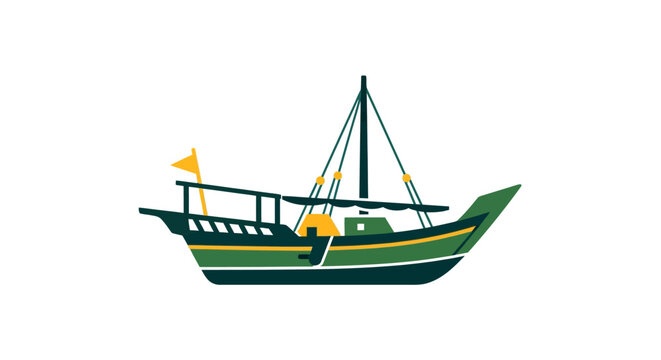 Traditional wooden sailing dhow boat with colorful flags.