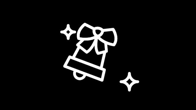 Simple white line art icon of a Christmas bell with a bow and sparkles on a black background