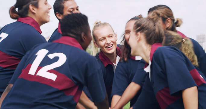 Teamwork, stack and rugby with women on field for support, community and premiership league. Fitness, athlete and success with group of people in club for tournament games, sports and training
