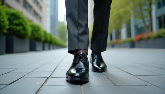 Man in formal suit trousers and shiny black leather shoes walks on tiled city pavement sidewalk. Business pro moves forward among urban plants and modern buildings.