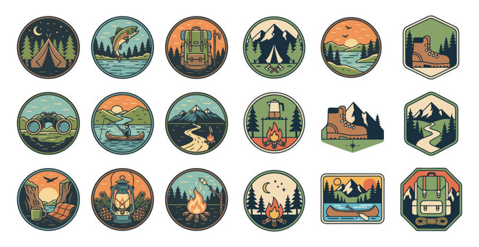 monoline badge logo icon sets outdoor adventure nature camping traveler 