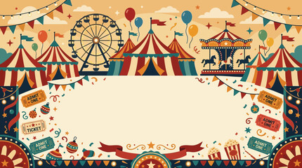 Fototapeta premium Vintage circus flat vector background, retro carnival tents, colorful balloons, ferris wheel silhouettes, circus flags, vintage ticket elements, decorative stars and confetti around the edges, playful