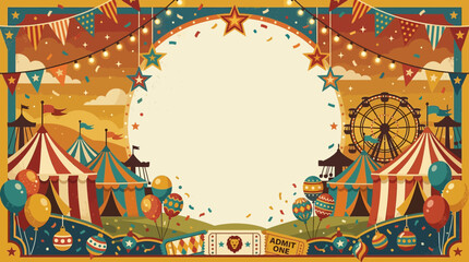 Vintage circus flat vector background, retro carnival tents, colorful balloons, ferris wheel silhouettes, circus flags, vintage ticket elements, decorative stars and confetti around the edges, playful © Maftuh