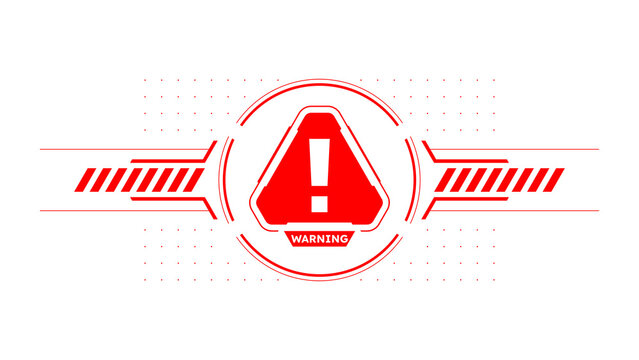 Futuristic HUD warning sign with exclamation mark. Red sci-fi alert icon on transparent background for game UI, cyber error, and technology interface design.