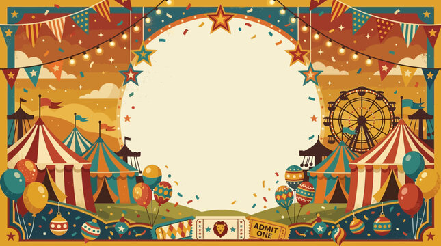 Vintage circus flat vector background, retro carnival tents, colorful balloons, ferris wheel silhouettes, circus flags, vintage ticket elements, decorative stars and confetti around the edges, playful