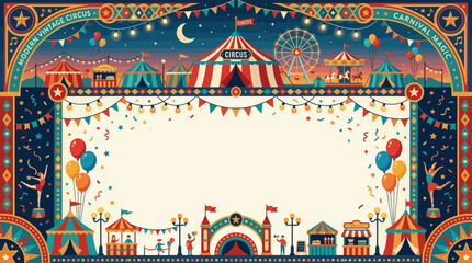 Modern vintage circus background, playful carnival atmosphere, balloons, circus tents, decorative geometric ornaments and confetti framing the scene, large center copy space, flat vector style, balanc © Maftuh