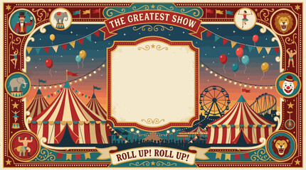 Modern vintage circus background, playful carnival atmosphere, balloons, circus tents, decorative geometric ornaments and confetti framing the scene, large center copy space, flat vector style, balanc © Maftuh