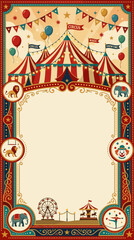 Fototapeta premium Vintage circus poster background, classic red and cream striped circus tents, floating balloons, carnival banners, decorative lights, retro circus icons and festive ornaments framing the border, large