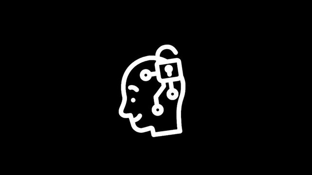 Icon representing unlocked mind with digital connections and security lock