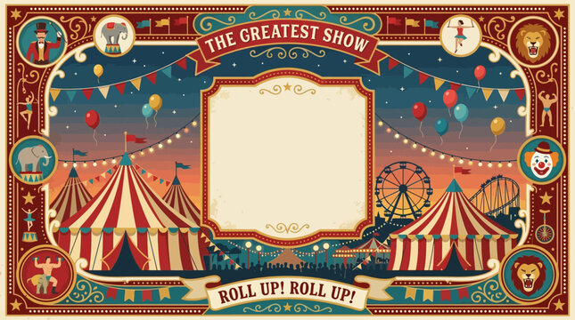 Modern vintage circus background, playful carnival atmosphere, balloons, circus tents, decorative geometric ornaments and confetti framing the scene, large center copy space, flat vector style, balanc