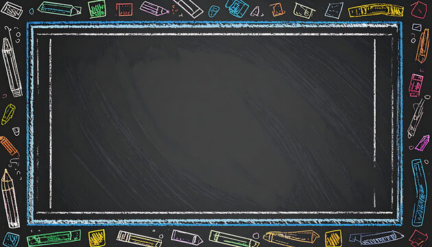 Hand-drawn colorful chalk doodles framing a dark empty blackboard, school education background, creative writing space