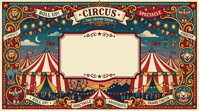 Vintage circus poster background, classic red and cream striped circus tents, floating balloons, carnival banners, decorative lights, retro circus icons and festive ornaments framing the border, large